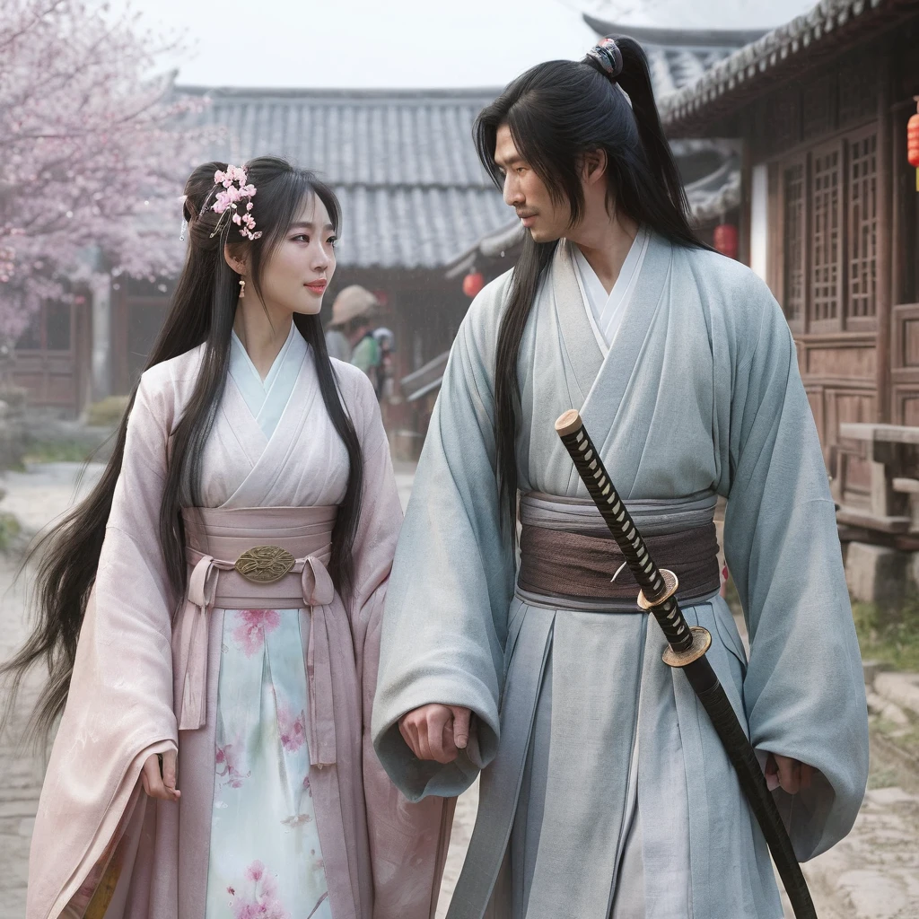 a Chinese woman wearing traditional pastel colored clothing, with a katana on her back. Was chatting with a Chinese man with long black hair, wearing traditional clothes while walking and holding hands. Looks romantic. The setting is in a village, houses and falling cherry trees. Realistic. HyperRealistic. Ultra HD