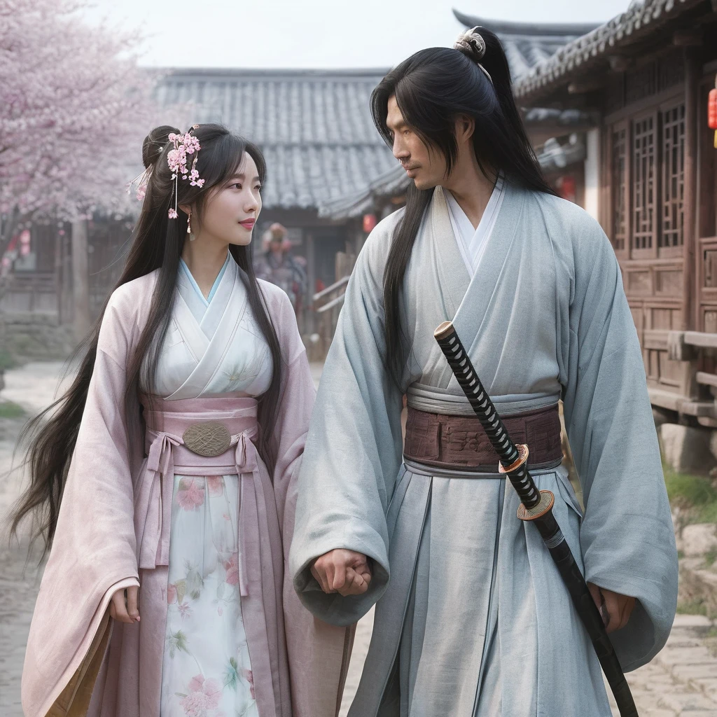 a Chinese woman wearing traditional pastel colored clothing, with a katana on her back. Was chatting with a Chinese man with long black hair, wearing traditional clothes while walking and holding hands. Looks romantic. The setting is in a village, houses and falling cherry trees. Realistic. HyperRealistic. Ultra HD