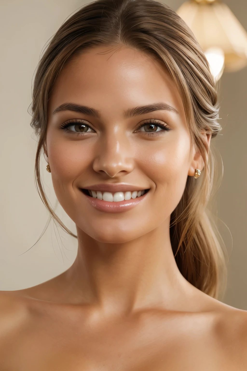 In this high resolution photo, a frontal portrait of a woman captures her stunning beauty and elegance in a professional close-up. The woman's perfect features, including her honey-colored eyes with intricate detail, shine under perfect lighting. Her straight, light brown hair is styled to perfection, adding to her polished appearance. The woman is smiling, her white teeth gleaming (1.3) in a detailed and radiant smile. The textured skin on her face is anatomically correct and highly detailed, showcasing her perfection. This masterpiece, captured in UHD, is of the best quality and resolution, approaching 8K. The style is raw and the aspect ratio is 3:4,