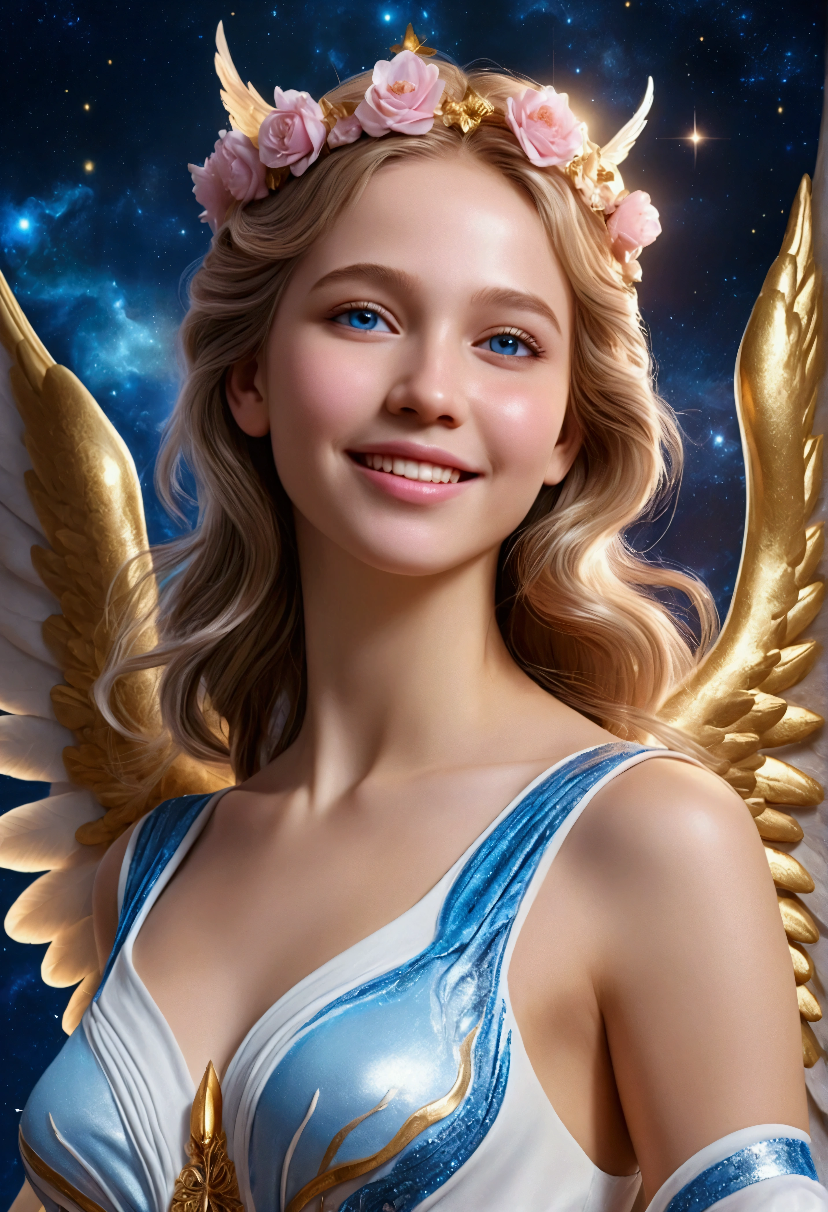 A close-up, hyperdetailed masterpiece of a beautiful female angel with pale pink and blue wings, wearing a blue and white dress, standing in front of a shining golden Galaxy Universe. Godness, Angel at Garden of Eden, Hyper Realistic face, smile, skin, teeth, and eyes. Best quality, vivid, UHD, 48K