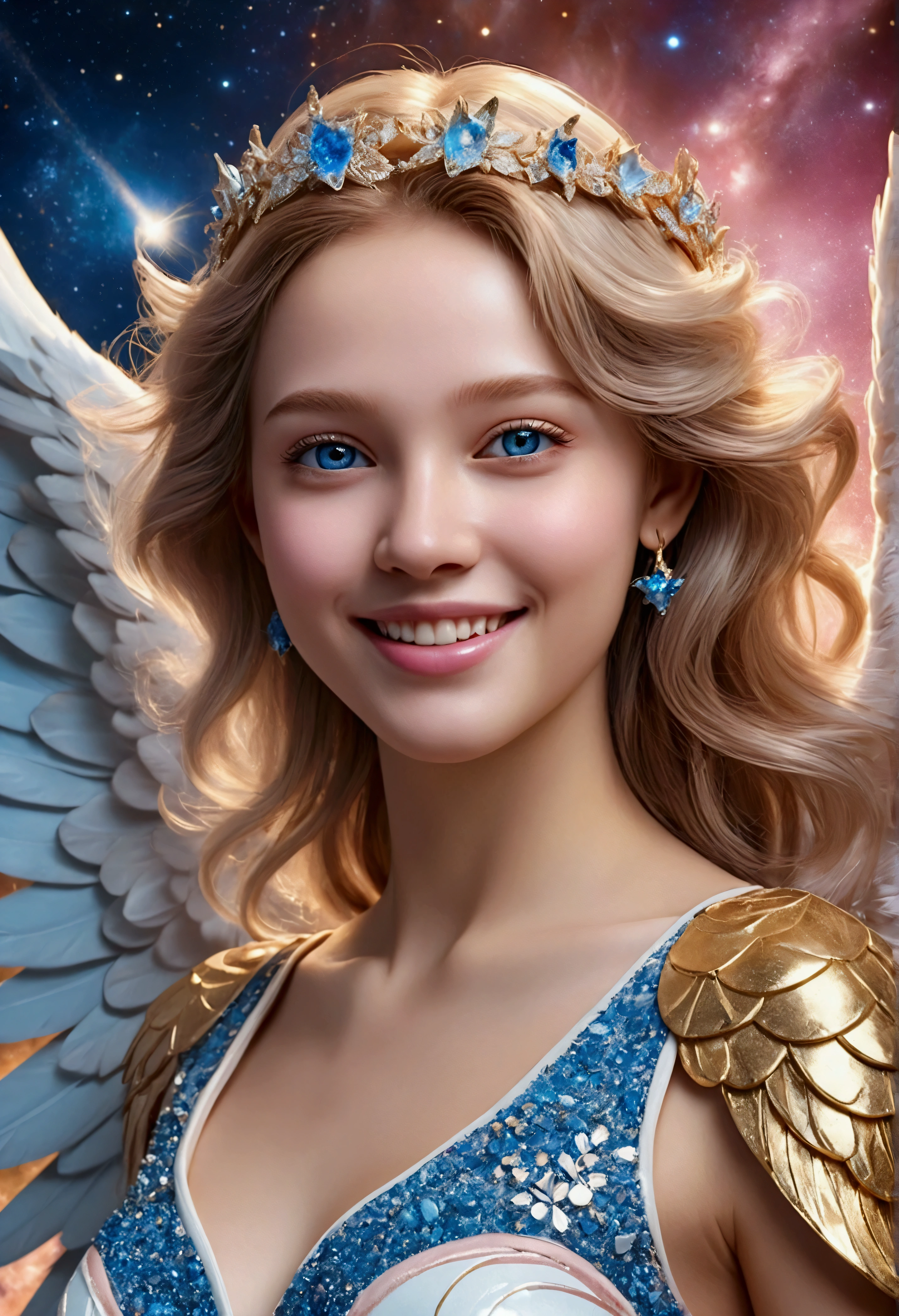 A close-up, hyperdetailed masterpiece of a beautiful female angel with pale pink and blue wings, wearing a blue and white dress, standing in front of a shining golden Galaxy Universe. Hyper Realistic face, smile, skin, teeth, and eyes. Best quality, vivid, UHD, 48K