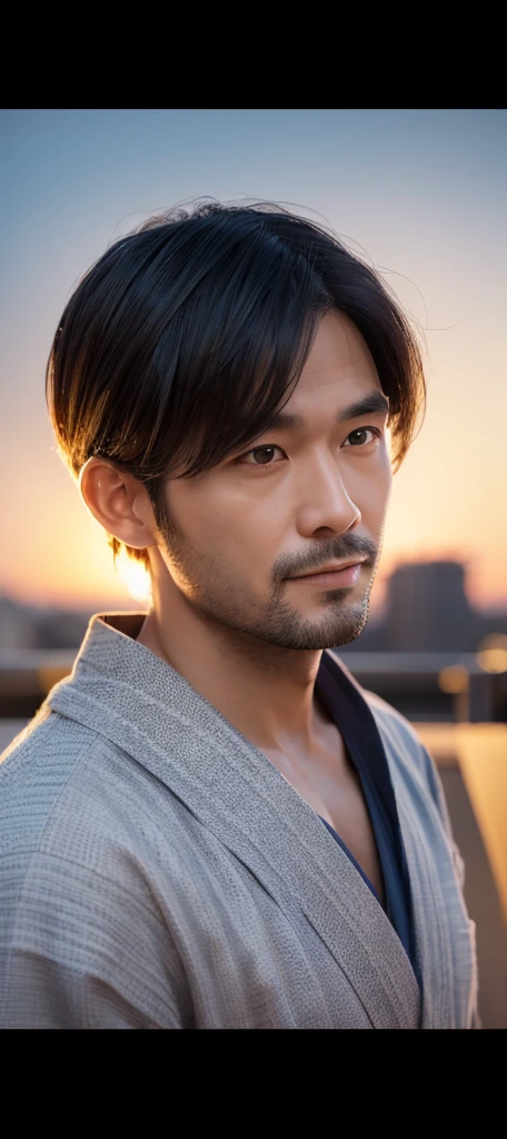 (Highest quality, masterpiece, 8k,Cinema Lighting, 3D Rendering, Super detailed), Man in his 30s,neutral,A kind expression,yukata,Night Sky,Rooftop,Close your eyes,Looking away