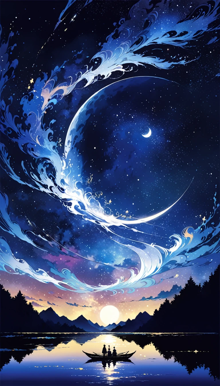 The condensed beauty of a painting depicting a river, stars and the moon in the sky, Concept art inspired by Tosa Mitsuoki, pixiv Contest Winner, Highest quality, Fantasy art, Beautiful anime scene, Bright moon ring, Starry Sky environment in the moonlight, Dream Painting, Anime Background art, Dreamscape Painting, Great night, Anime Background, Background artwork, Great art, Atmospheric anime, Starry Sky, Detail enhancements.  