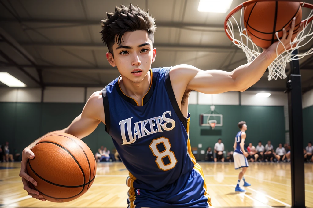 A cool boy playing basketball 

