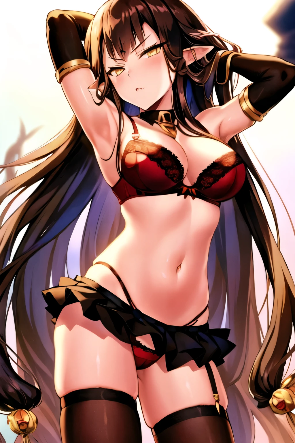adjusting_hair, armpit_\(armpits\), black_hair, bow_bra, bra, breasts, bridal_gauntlets, cleavage, detached_collar, fate/apocrypha, fate_\(series\), fringe, from_below, frown, girl, gradient_background, light_erotic, lingerie, looking_at_viewer, mashuu_\(neko_no_oyashiro\), navel, panties, payot, pointy_ears, red_bra, red_panties, semiramis_\(fate\), signed, simple_background, single, slit_pupils, standing, tall_image, twitter_username, underwear, underwear_only, very_long_hair, yellow_eyes