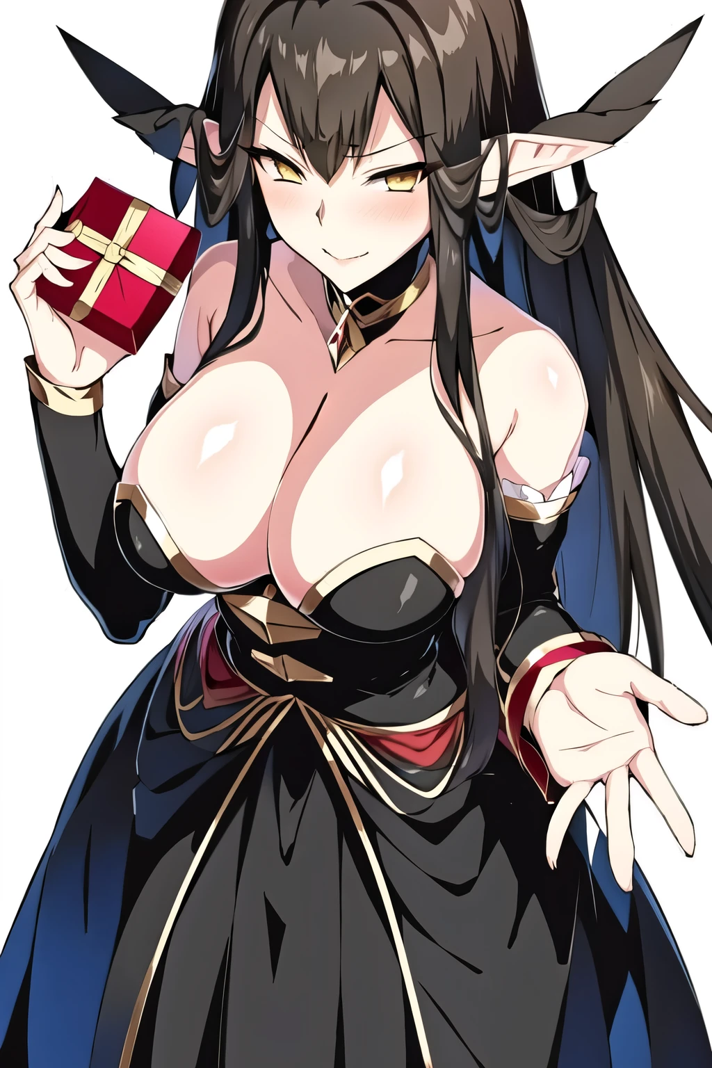 black_dress, black_hair, blush, breasts, bridal_gauntlets, cleavage, dress, fate/apocrypha, fate_\(series\), fringe, gift, gift_box, girl, hand_on_hip, holding, large_breasts, light_erotic, long_hair, looking_at_viewer, payot, pointy_ears, reinama, semiramis_\(fate\), sideboob, simple_background, single, smile, tall_image, upper_body, white_background, yellow_eyes