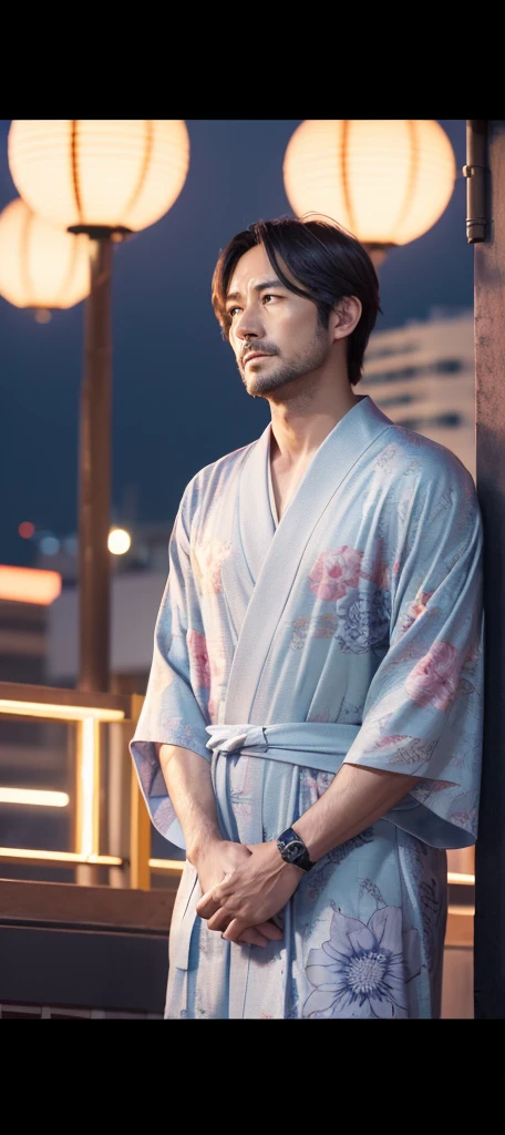 (Highest quality, masterpiece, 8k,Cinema Lighting, 3D Rendering, Super detailed), Anime illustration,Man in his 30s,neutral,A kind expression,yukata,Night Sky,Rooftop,Close your eyes,Looking away