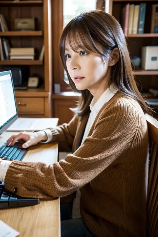 A 50-year-old single woman working in her study、A scene of a person facing a computer with a concentrated expression。A calm and intellectual atmosphere、