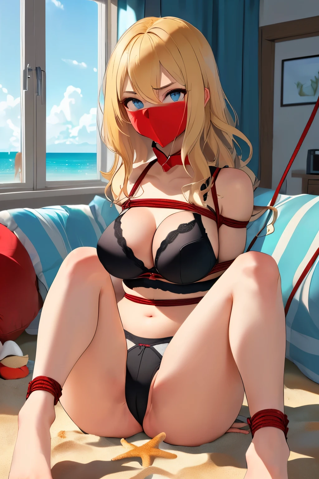 1 girls, (detailed light blue eyes, lange wimpern, detailed beautiful face:1.2), 4k quality, (Long blonde hair:1.5), (arms behind back:1.3), (big breasts:1.6), (blushing:1.3), long hair, hair between eyes, (schwarze erotische unterwäsche, black underwear, Red rope, 18 years old:1.5), (bondage:1.4), erhobene Augenbrauen, pralle Brüste, OTN, White Gag, gagged, (sitting:1.5), (sitzend in einem gepolsterten Sessel in einem Schlafzimmer, in the Background is a small window with a beach, knees and legs spread open:1.6), looking at the Viewer