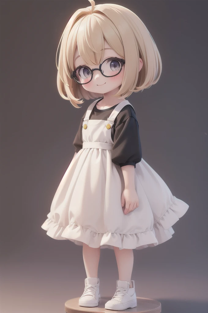 Highest quality, Little, Littleキャラ, One girl, masterpiece, Blonde, Ahoge, Bangs, Medium Hair, Shallow brown hair, Bob Hair, Straight Hair, Hair that falls over the shoulders, smile, Round Glasses, Plain black T-shirt, (Little:1.4), Simple Background, whole body, Are standing, Littleガール, Littleアニメの女の子