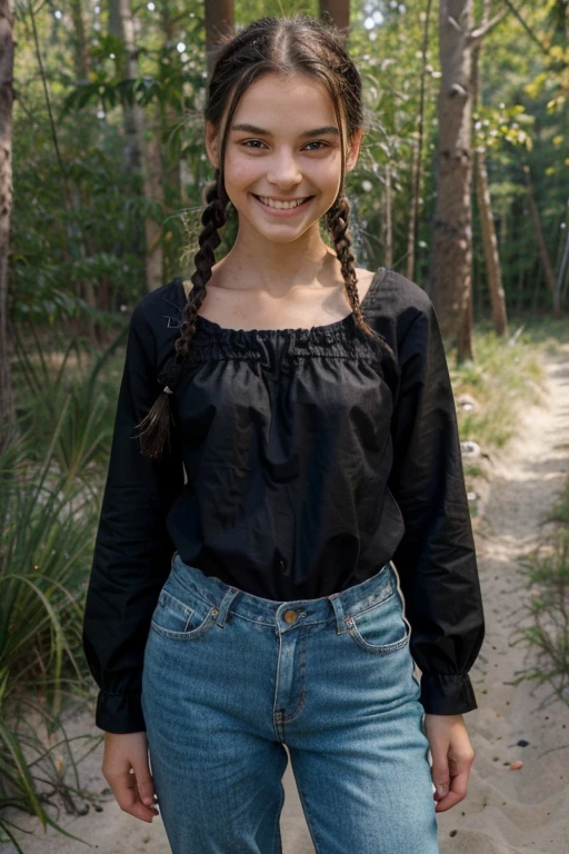 Ugly  girl with green eyes, thin ((thin arms and legs)), black hair ((long)), hair tied in two thin braids. 13 year oldng with braces on her teeth. She is wearing jeans, a big blouse and galoshes and is on the beach in a forest. 13 year old girl with us smile