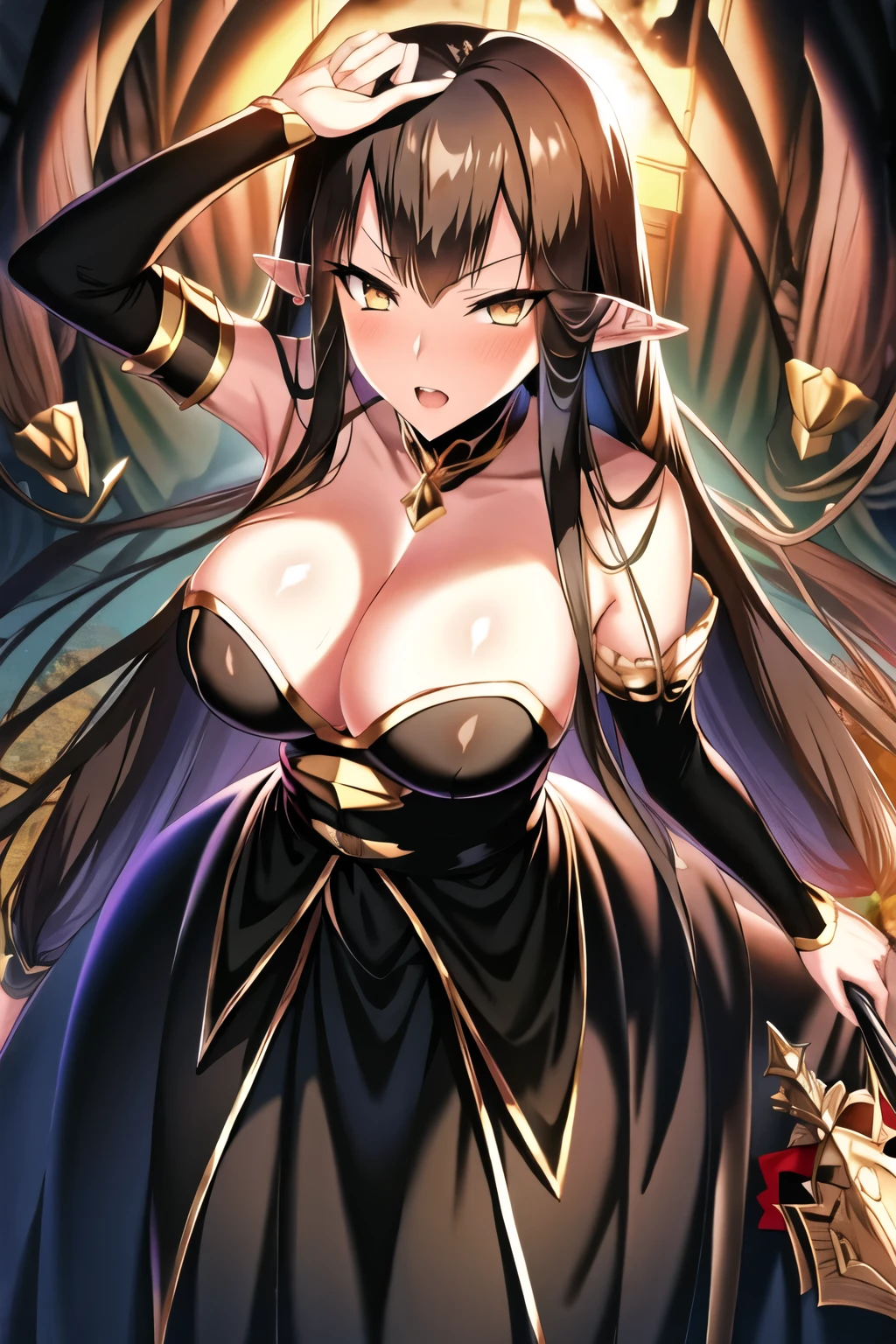 adjusting_hair, between_breasts, black_background, black_dress, blush, breasts, bridal_gauntlets, cleavage, dress, fate/apocrypha, fate_\(series\), fringe, fur, fur_collar, fur_trim, girl, hair_between_eyes, head_tilt, large_breasts, light_erotic, long_hair, looking_at_viewer, open_mouth, payot, pointy_ears, semiramis_\(fate\), shaded_face, single, slit_pupils, tall_image, teeth, upper_body, walzrj, yellow_eyes