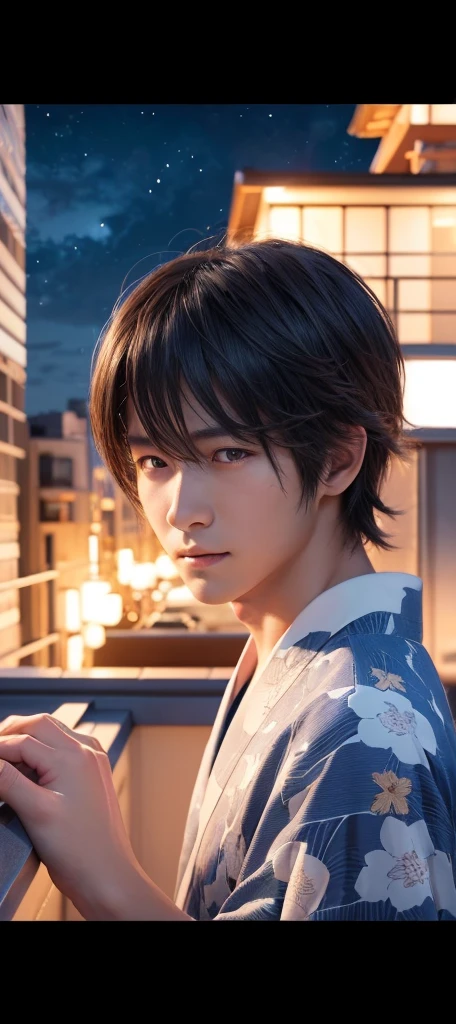 (Highest quality, masterpiece, 8k,Cinema Lighting, 3D Rendering, Super detailed), Anime illustration,male,neutral,A kind expression,yukata,Night Sky,Rooftop,Close your eyes,Looking away