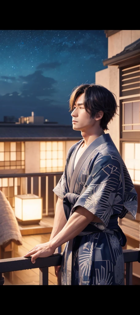(Highest quality, masterpiece, 8k,Cinema Lighting, 3D Rendering, Super detailed), Anime illustration,male,neutral,A kind expression,yukata,Night Sky,Rooftop,Close your eyes,Looking away