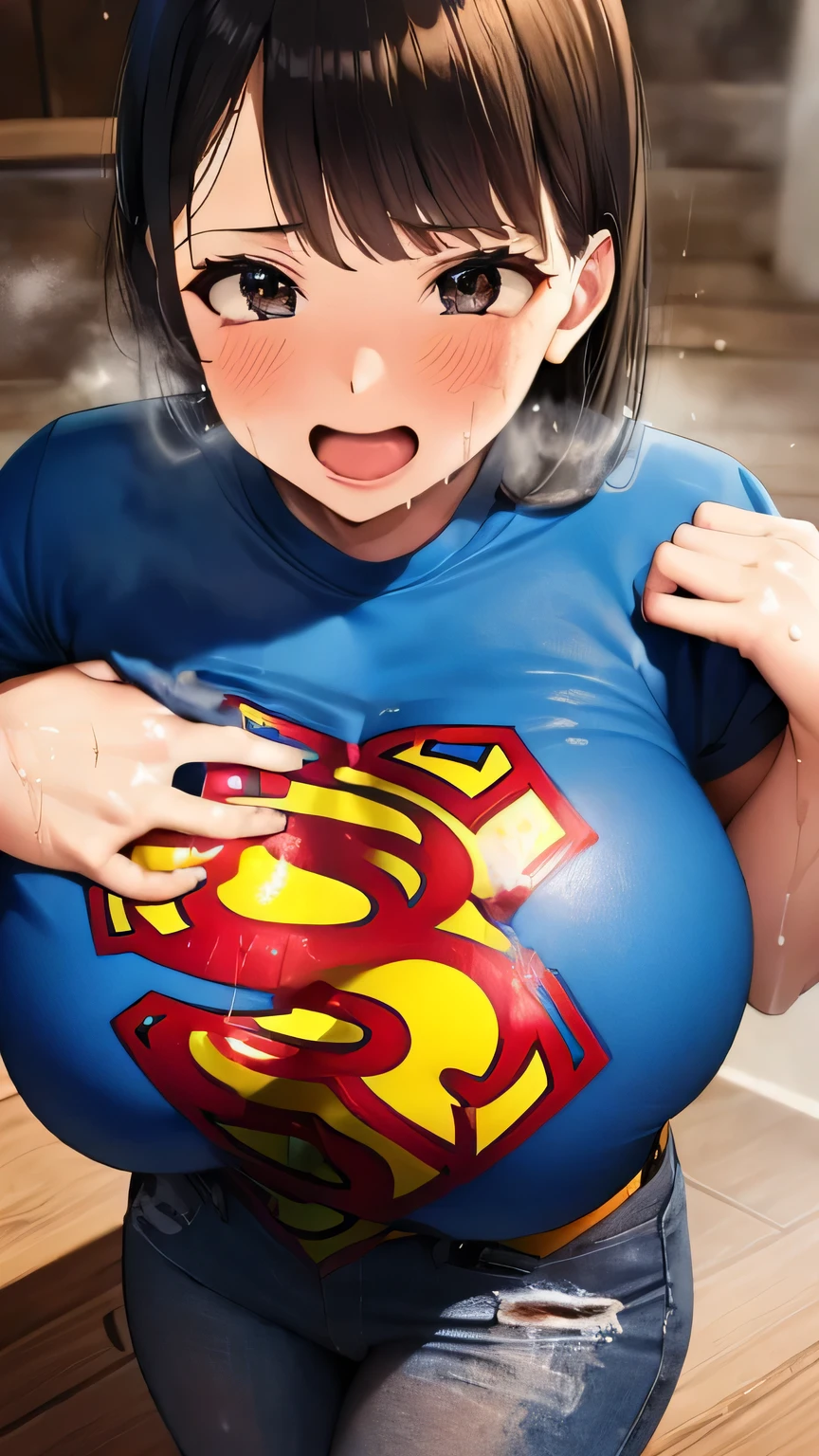 Soaking wet hair, Huge round breasts, soaking wet jeans, soaked oil infused wet blue volleyball logo t-shirt, shower of pee, (pee on clothes) pee all over, (skintight clothes),(( covered in spit cumshot wearing superman t-shirt )) 