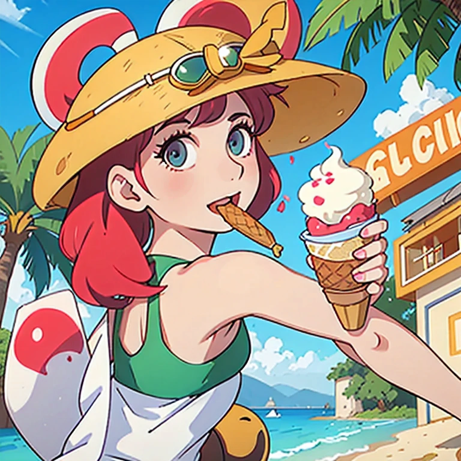 girl in a bikini eating an ice cream cone, eating ice cream, in a bikini, angela white, giorgia meloni, katy perry, in bikini, eating ice - cream, wearing spandex bikini, ice cream on the side, bikini, ice cream, wearing a bikini, candid photo of dirty, shiny plastic bikini, candid shot, cone, 1 girl, solo，in a green dress standing by a wall,portrait of female idol