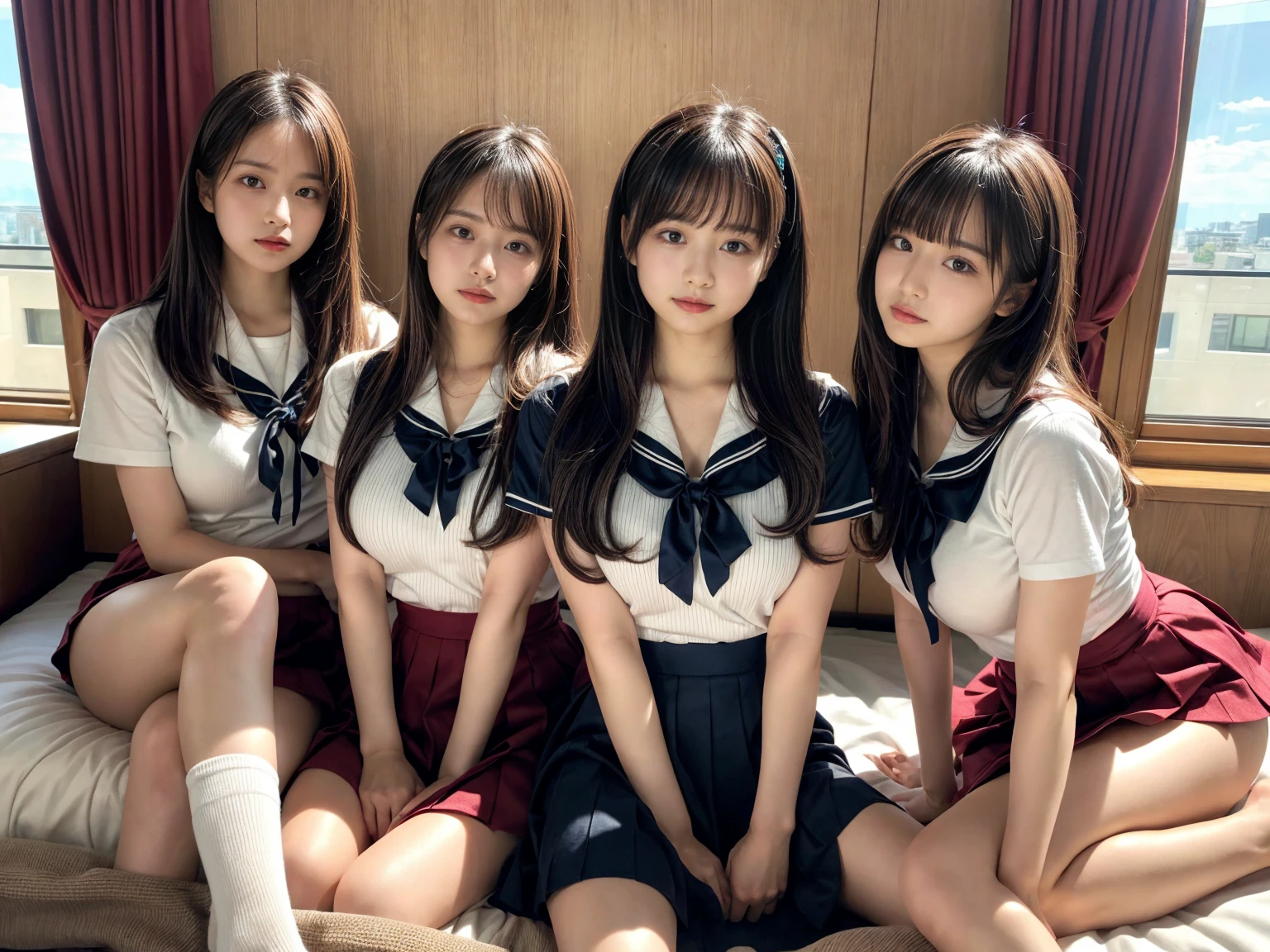 masterpiece, best quality, illustration, Super detailed, fine details, High resolution, 8K,wall paper, perfect dynamic composition,(Details High quality, realistic depiction of eyes:1.3), (3 girls), Black Sailor Uniform, serafuku, Navy pleated skirt, sitting, open legs, short bob hair, in a hotel room in the background, deep on field, large breasts, black hair color, Big Natural Color Lip, (perfect body shape), crying a little、Harajuku style、20 year old girl、cute type、beautiful legs, Gravure Idol