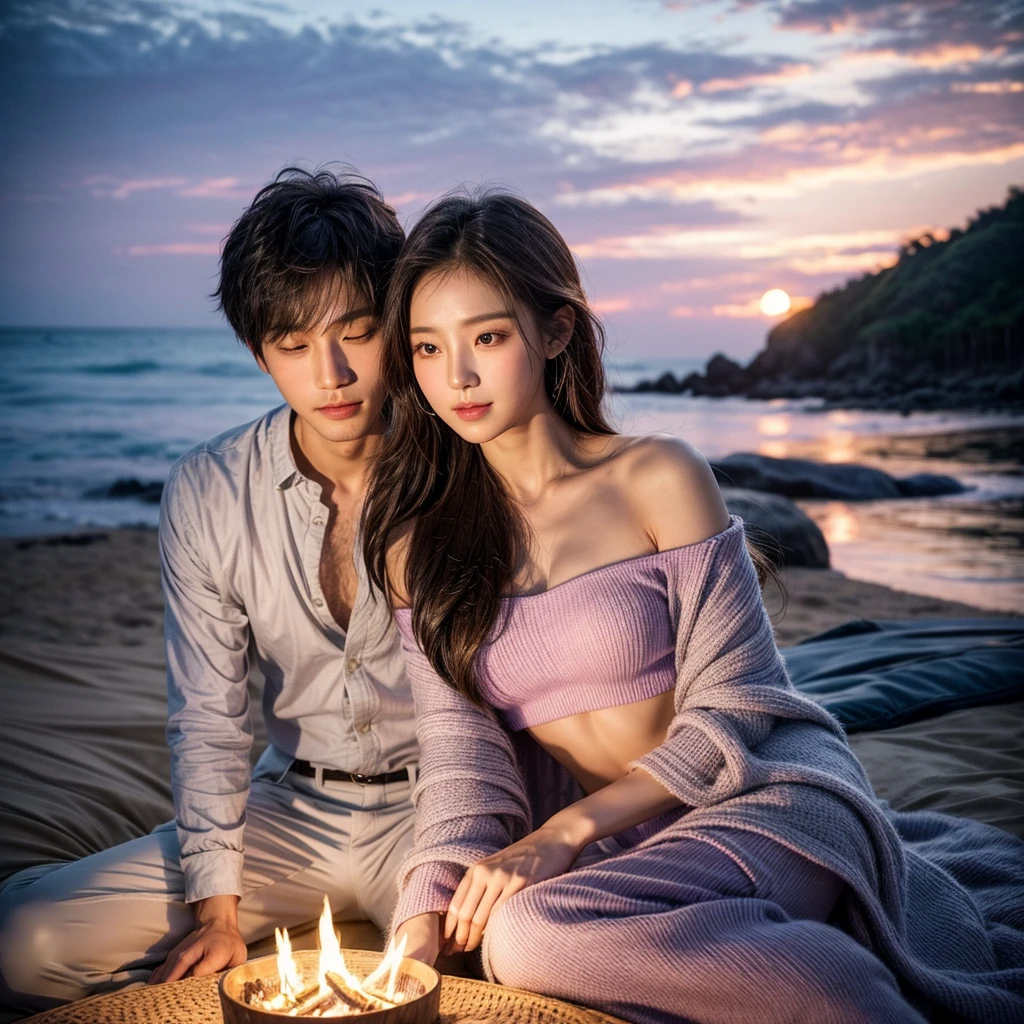 A stunning portrait photograph of a Korean couple sitting on bean bags at a luxurious beachside resort. Their radiant faces reflect the joy and love they share. They are dressed in modern casual attire, as they gaze into each other's eyes. The beach is adorned with vibrant, glowing crystal stones, creating a magical ambiance. A cozy bonfire and romantic decorations are visible in the foreground. The soft, cloudy purple sky is adorned with a large, fluffy heart-shaped cloud, adding an extra layer of romance to the scene. The wildlife and surrounding environment are captured in exquisite detail, creating a cinematic-like experience., portrait photography, cinematic, wildlife photography