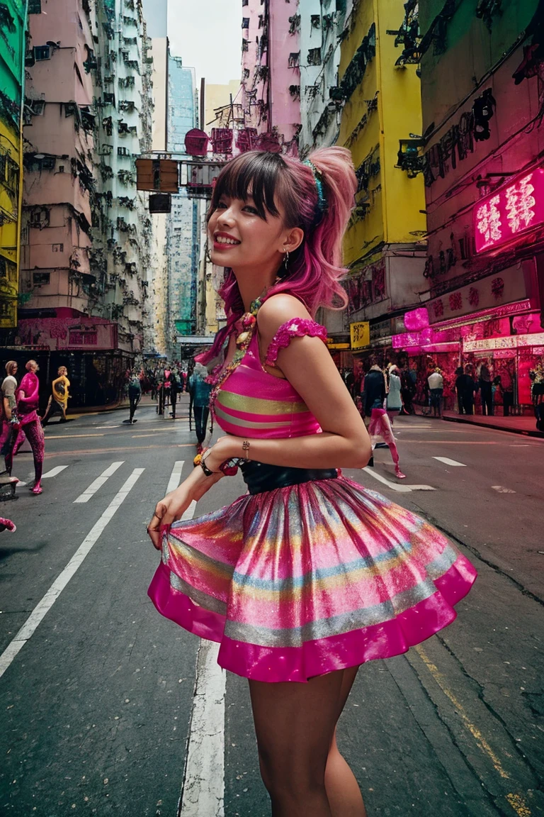 hong kong, day, (low angle shot), view from bottom, (Awkward,blush :1.3), Alafi girls take photos in colorful clothes, y 2 k cutecore crowncore, Lovely Decora Rainbow Core, Lovely high quality rendering, Candy Girl, Deco, Unreal Engine : : Carnival Makeup, Working Girl, raver girl, Carnival Costumes, Glitch Punk Girl, soda themed girl, Lively and cheerful, 80s pin-up style,