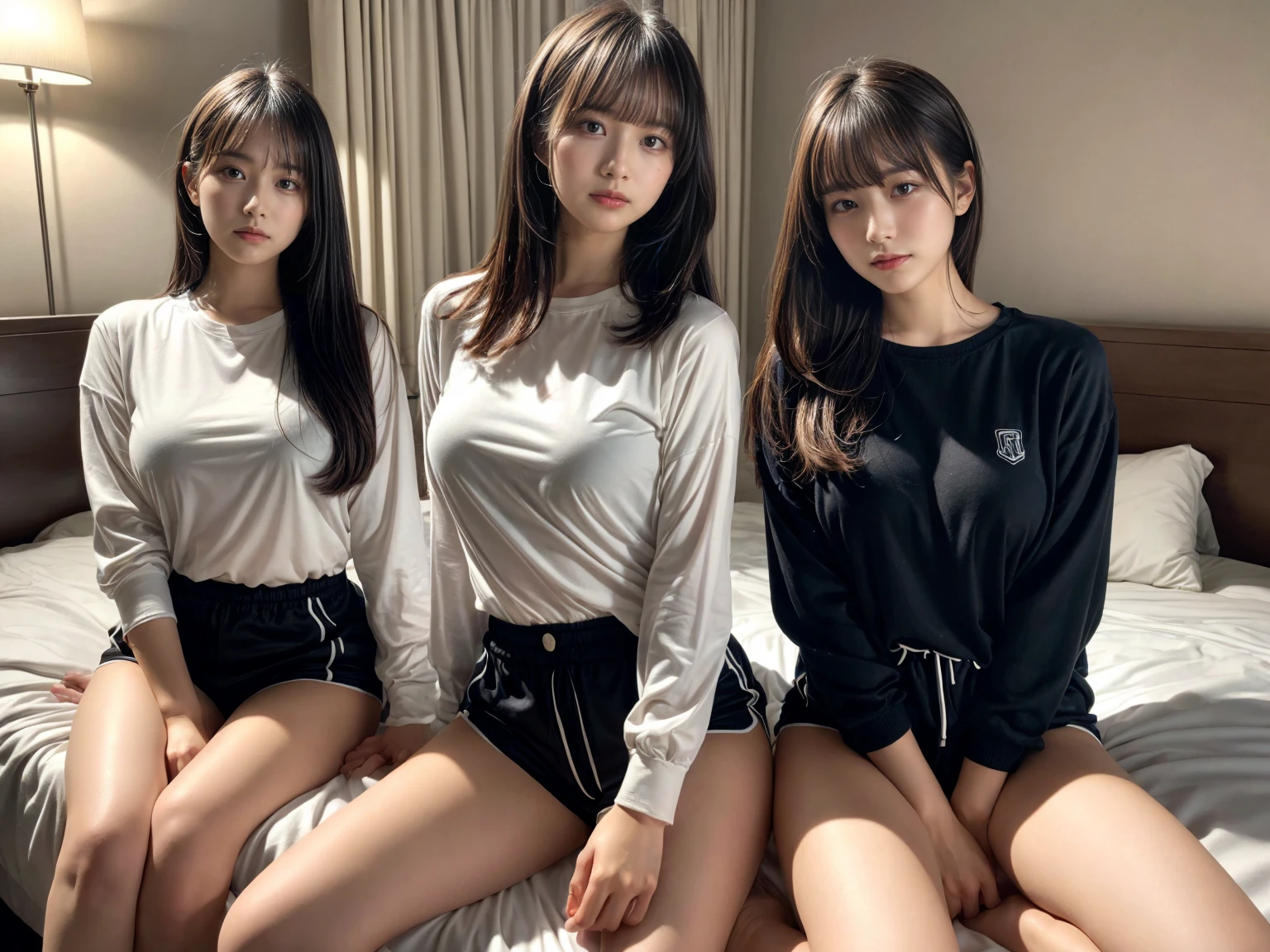 masterpiece, best quality, illustration, Super detailed, fine details, High resolution, 8K,wall paper, perfect dynamic composition,(Details High quality, realistic depiction of eyes:1.3), (2 girls), oversized sport shirt, shorts women, sitting, open legs, short bob hair, in a hotel room in the background, deep on field, large , black hair color, Big Natural Color Lip, (perfect body shape), crying a little、Harajuku style、20 year old girl、cute type、beautiful legs, Gravure Idol