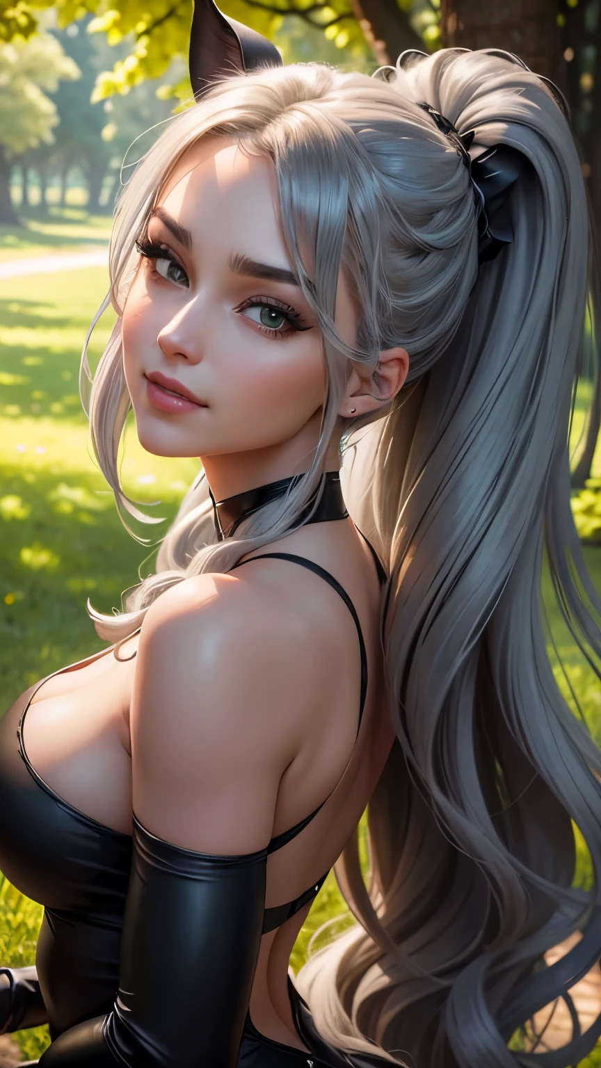 Create a detailed and highly realistic scene depicting a Horse Girl Goddess named Clarissa, appearing around 40 years old. She has long wavy gray hair styled into a ponytail, a small horse nose, and two horse ears. She has horse-like features and a humanoid appearance, laughing, with a perfect face that includes a beauty mark and soft skin, featuring light black and dark shades. She has very large breasts and a large butt, wearing an extremely tight black jumpsuit with a deep neckline and revealed shoulders, exuding confidence and allure. Clarissa has a provocative and playful expression on her face. She stands in a park, exuding a serene yet captivating presence. The background should be lush and green, enhancing her serene yet powerful aura. The entire scene should be in an oil painting style, with an 8k resolution to capture the essence of a masterpiece.