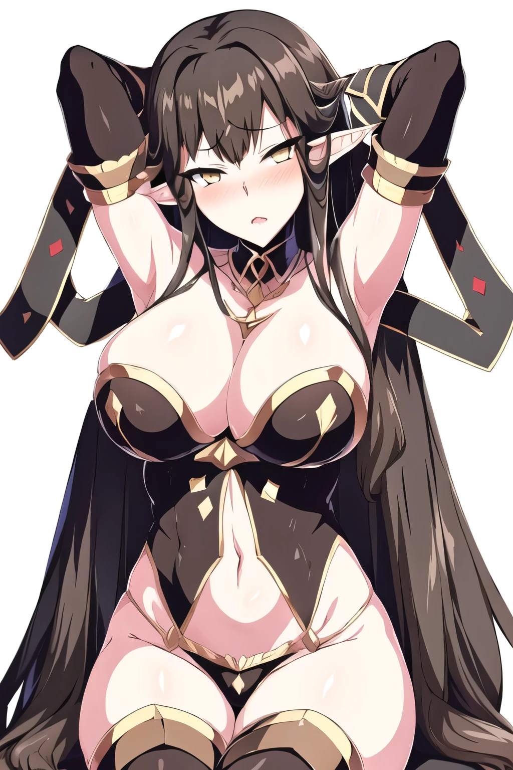 absurdres, arm_behind_head, arm_up, armpit_\(armpits\), bare_shoulders, black_gloves, blunt_bangs, blurry, blush, breasts, brown_hair, circlet, cleavage, detached_collar, fate/apocrypha, fate_\(series\), fringe, girl, gloves, gradient_background, hair_ornament, head_tilt, highres, large_breasts, light_erotic, long_hair, looking_at_viewer, navel, necklace, open_clothes, open_mouth, payot, pointy_ears, ribbon_\(ribbons\), semiramis_\(fate\), simple_background, single, sitting, spikes, tall_image, tlgn001018, very_long_hair, white_background, yellow_eyes