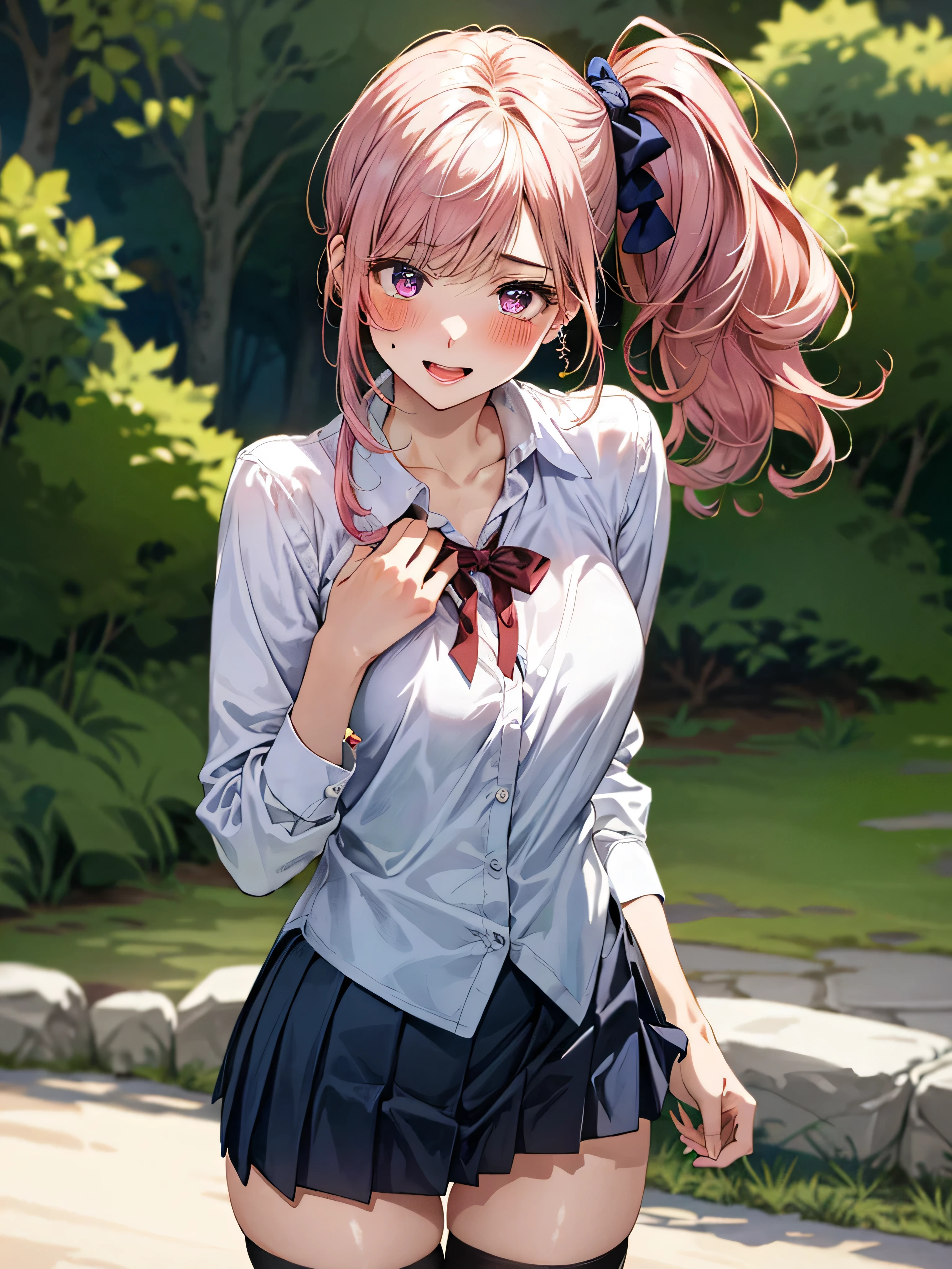 (masterpiece:1.3, top-quality, ultra high res, ultra detailed), (realistic, photorealistic:1.4), beautiful illustration, wearing knit sweater & miniskirt, (Flirtingly lifting her skirt to show her panties:1.3),perfect lighting, natural lighting, colorful, depth of fields, surrealism, (embarrassed,blush:1.3),
beautiful detailed hair, beautiful detailed face, beautiful detailed eyes, beautiful clavicle, beautiful body, beautiful chest, beautiful thigh, beautiful legs, beautiful fingers, shiny skin,
looking at viewer, 1 girl, japanese, high school girl, (perfect anatomy, anatomically correct, super detailed skin), cute and symmetrical face, babyface, perfect face, perfect eyes,
(middle hair, two side up, pink hair), crossed bangs, purple eyes, drooping eyes, big eyes, long eyelashes, (large breasts, seductive thighs, skindentation), slender, outstanding style,
((detailed cloth texture, white collared shirt, blue pleated skirt, dark red neck ribbon), black thigh-highs, loafer),
(beautiful scenery), late afternoon,hands on chest, (lovely smile, upper eyes, open mouth small),
