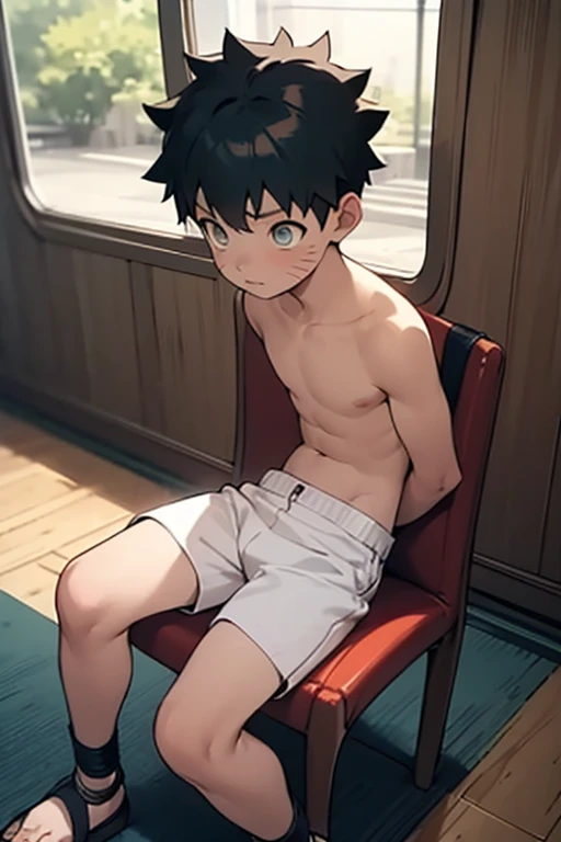 ((best quality)), ((masterpiece)), (detailed), Naruto,5  boy,little bta,Thin and sexy,shirtless,sitting,bondage,