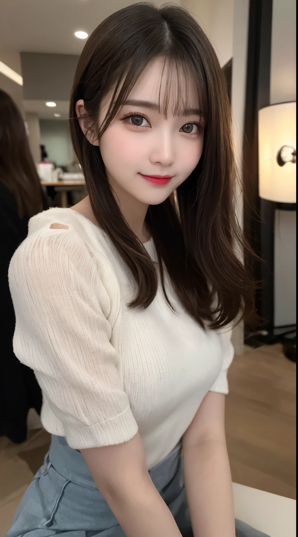 Tabletop, Highest quality, shape, Very detailed, finely, High resolution, 8k wallpaper, 完璧なダイナミックな構shape, Beautiful and exquisite,ランダムなcute髪,,Natural color lip、20-year-old girl、cute、Looking into the camera,Always blur the background,Perfect and beautiful face,Slim face and figure,Big eyes、Putting on gal makeup,Small face,Shooting from below、Blurred Background,Elegant feminine face、Cyberpunk Fashion、smile、Change pose randomly、Randomly change the shooting angle and position
