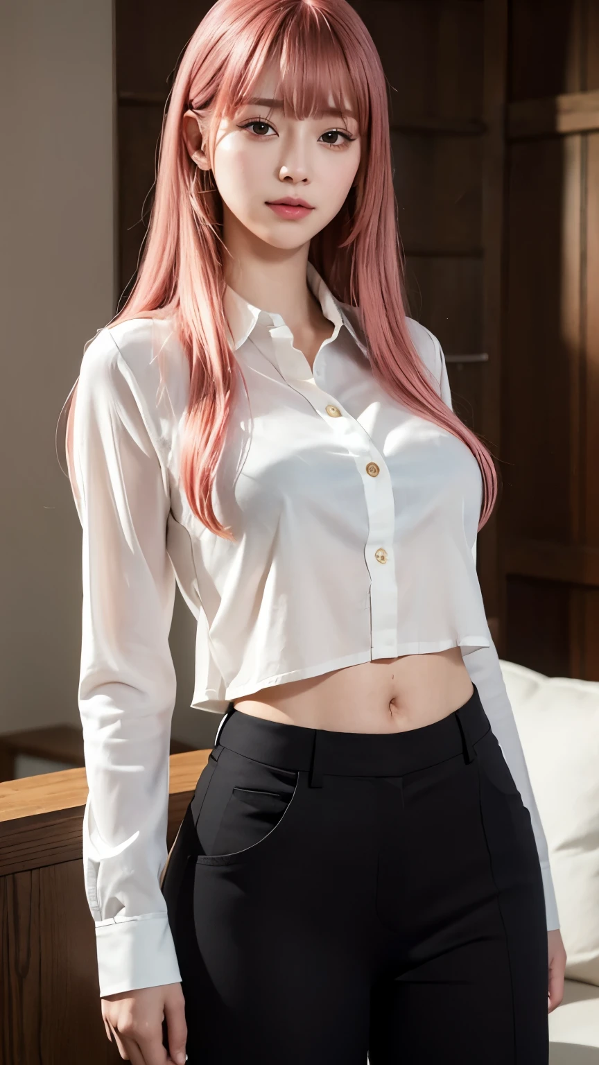 Highest quality、Ultra-high resolution、RAW shooting、Professional Lighting、Detailed Background、coastal、Full Body、Makima、25-year-old female、(High tone cherry pink hair)+(Long Hair)+(bangs)、(Yellow Eyes)、White see-through shirt,(Black trousers:1.5)、Huge breasts that look like they might burst、Modest abdominal muscles、Big Ass、Big thighs、A sloppy smile、Close your mouth、(Sweaty skin)、
