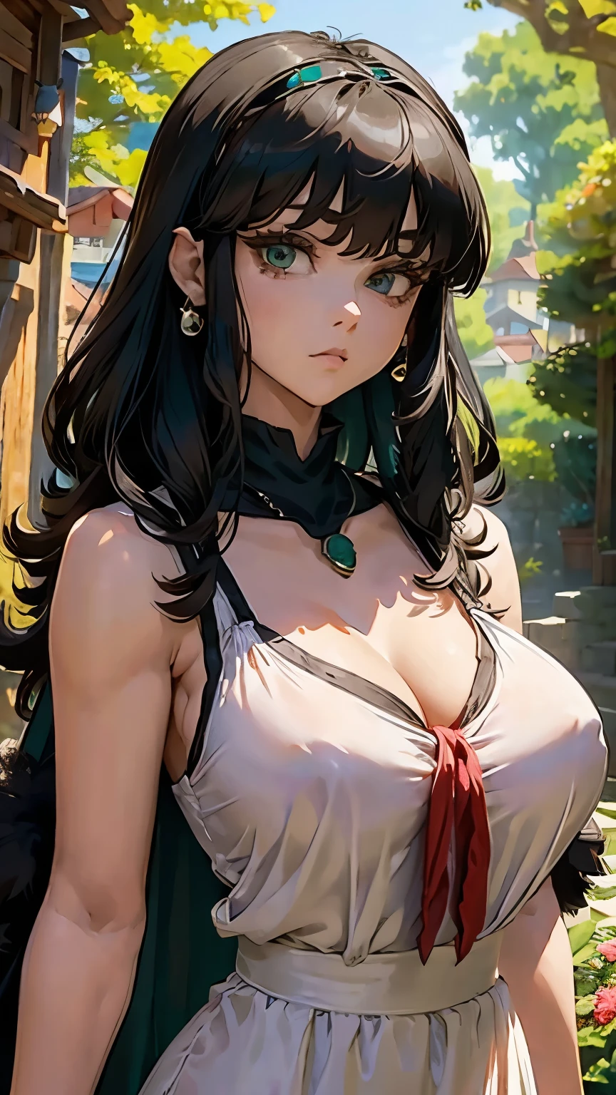 mj3d style,3DMM,3d,(work of art, best qualityer:1.1), ghibli style, they are (Mononoke Hime), 1 girl, bracelete, bangss, Bblack hair, black underchemise, breastsout, cape, diadem, aretes, face painting, floating hair, forst, fur cloak, greeneyes, jewerly, looking ahead at viewer, medium breastsout, naturey, necklase, plein-air, parted bangss, chemise, shorth hair, sleeveless, sleeveless chemise, standing alone, tooth necklase, tree, trunk, white chemise
