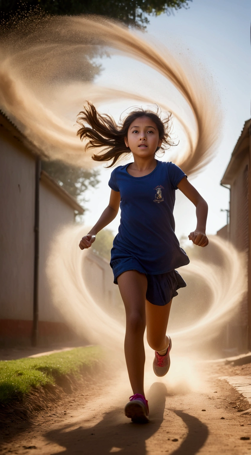 low angle photographic low speed shot on a girl in  running to school in the morning light, focus on the girl, whirl dust trail behind, shot on FujiFilm XT4 camera f/2. ISO 200,blurry edges, super detailed, perfect face, side view, best quality, dust trail along