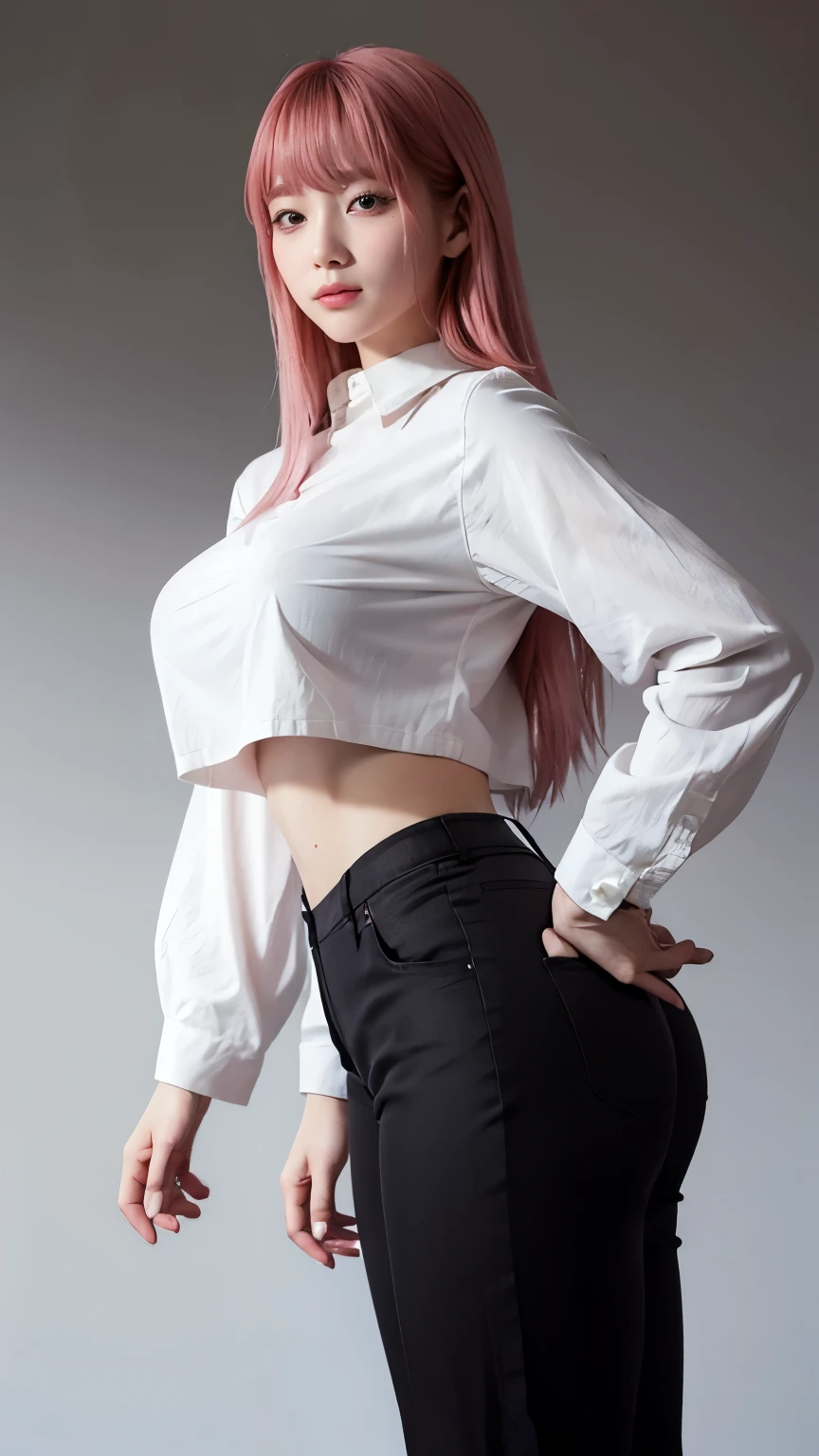 Highest quality、Ultra-high resolution、RAW shooting、Professional Lighting、Detailed Background、coastal、Full Body、Makima、25-year-old female、(High tone cherry pink hair)+(Long Hair)+(bangs)、(Yellow Eyes)、White see-through shirt,(Black trousers:1.5)、Huge breasts that look like they might burst、Modest abdominal muscles、Big Ass、Big thighs、A sloppy smile、Close your mouth、(Sweaty skin)、