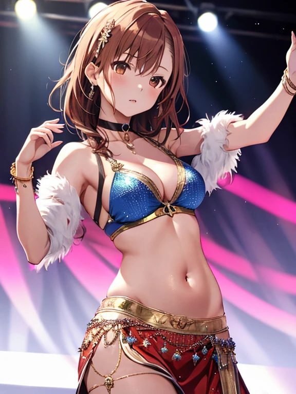 Low Angle Shot, Belly dance:1.5, (Dancer:1.5), Misaka Mikoto, One girl, Black choker, 超High resolution, retina, masterpiece, Accurate, Anatomically correct, Textured skin, Super Detail, Attention to detail, high quality, 最high quality, High resolution, 4K