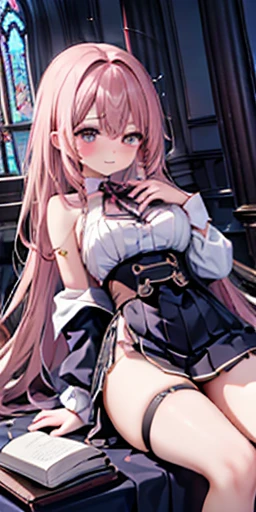 Flying debris, Highest quality, Highly detailed CG Unity 8K wallpapers, Sexy witch , Long dark blonde wavy hair、Off-the-shoulder knit, Dark blue pleated skirt, Stocking Pedium Breasted, Saggy breasts, Poses that accentuate the chest, blush, Laugh shyly, Exposing shoulders, (Pink lace panties with detailed details、Pink Good、Spread your legs wide)、、A nice magic book、Church Cathedral、Please put your hands on the pillar and turn around.、Stick your butt out、I can see your whole ass、Detailed face、Beautiful curves、Focus on the butt
