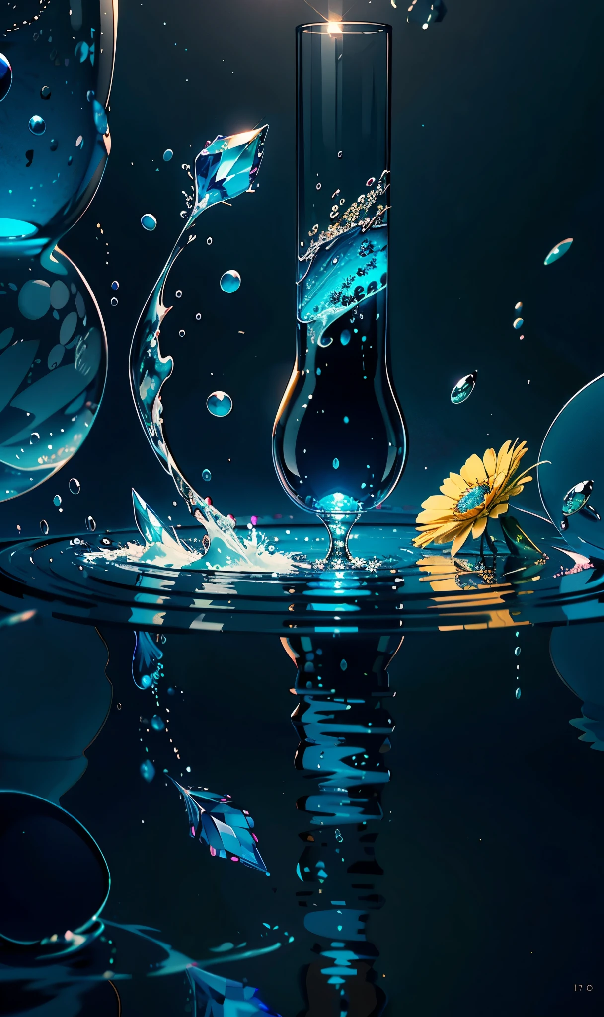 Fantasy, Floating flowers and the sea, Colorful flowers. Floating Crystal, squirt, 8K detailed, Super detailed, Cinema Lighting, Surrealism, Soft Light, Deep focus bokeh, Ray Tracing, Spread (Ultrafine glass reflection), Hyperrealism. Overflowing pure water