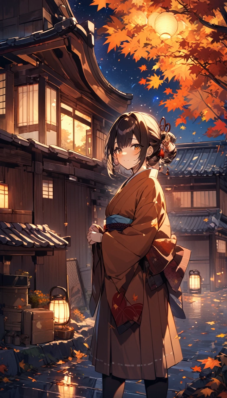 Autumn, Japanese village, girl,starry night