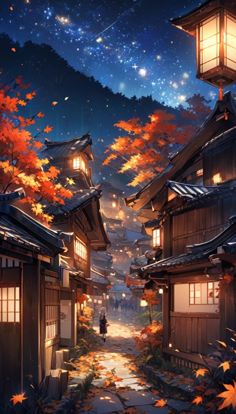 Autumn, Japanese village, girl,starry night