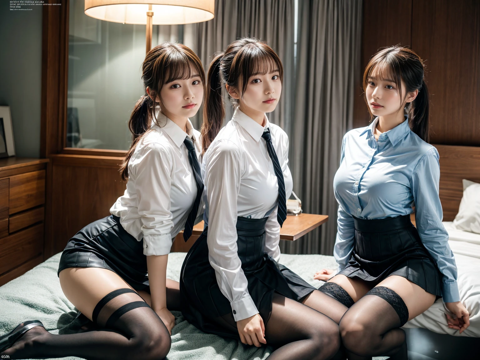 (8K, RAW Photos, Highest quality, masterpiece:1.2), (professional photography, full colors, studio-caliber color grading), (Gravure quality for high-end fashion magazines), (2 girls), BREAK,18 year old girl, (fluffy ponytail:1.2), Big Natural Color Lip, Plumpy body, (smooth skin:1.1), huge breasts, BREAK, (collared shirt:1.1), pleated skirt, knee high socks, BREAK, hotel room, cute , lolita