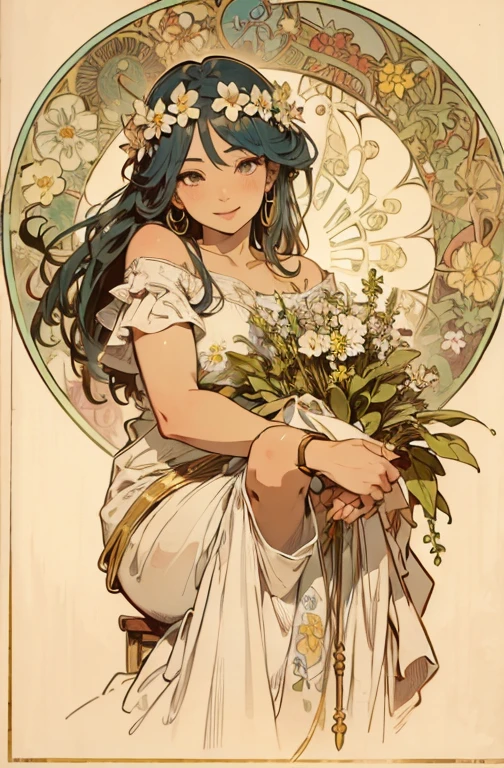 (masterpiece, best quality),ukiyoe,
bare shoulder, depth of field, highest quality, ultra detail, White skin, double eyelids, Woman sitting half-body with a flower in her hair, Alphonse Mucha, Solo, Forelock, Watch your audience, Light blue hair, smile