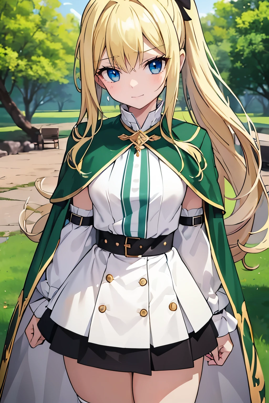 Safe for work, masterpiece, best quality, solo, 1 girl,  cute girl, wholesome girl, (young female body:1.4), ( medium small breasts), cowboy shot, shy smile, flustered,  yellow golden hair, extra gold long ponytail hair, thick wavy hair, hime cut, blunt bangs, crystal blue eyes, light blue detailed eyes, outside, cabin in the woods, standing, griffin style, dark green skirt, white compression shirt, white top, detached sleeves, black knee high socks, long dark green skirt, belt chains, extra extra long hair, griffin style dark green skirt, white crop top, capelet, cbct, black capelet, chains on skirt, long green skirt, belt chains, black cape