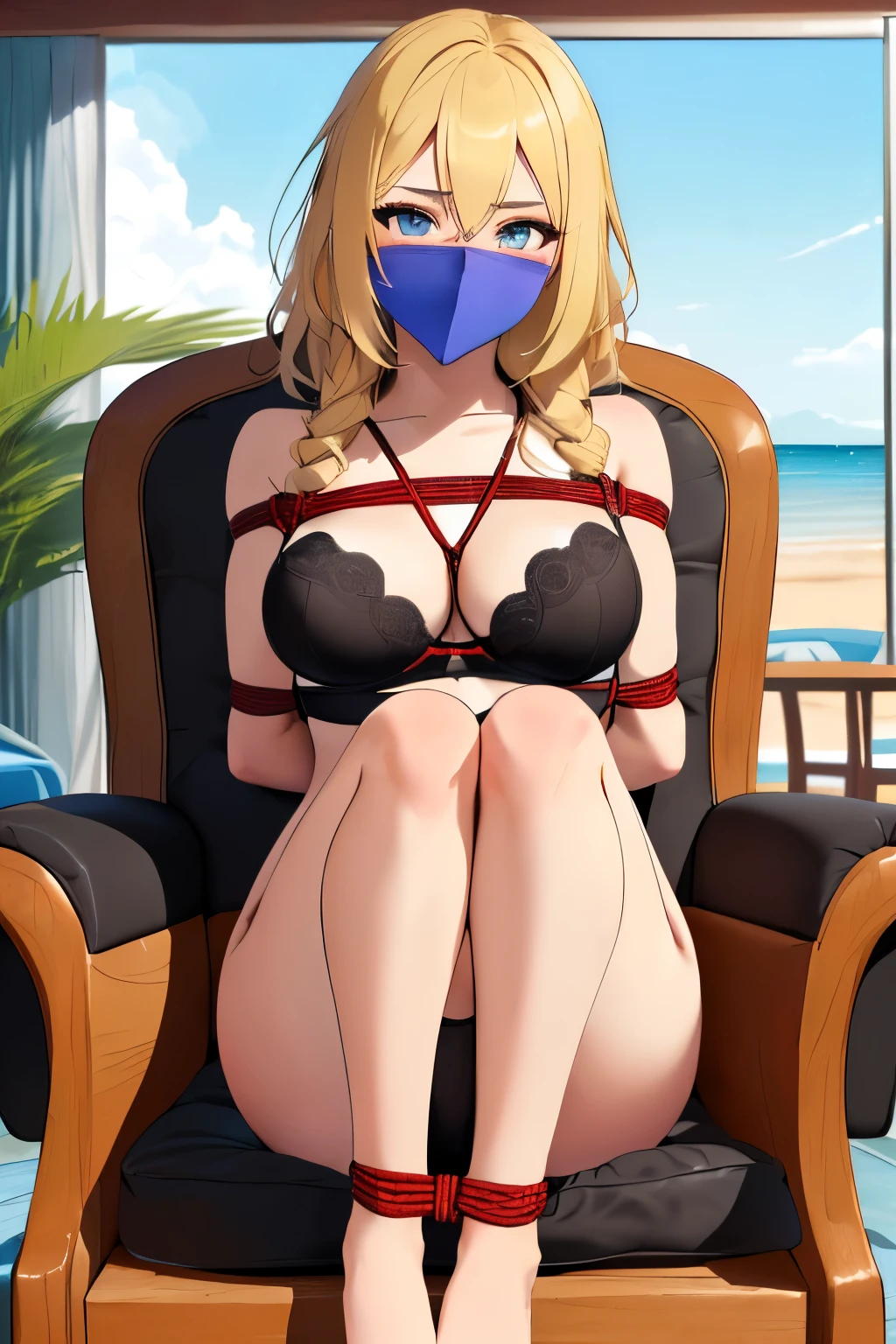 1 girls, (detailed light blue eyes, lange wimpern, detailed beautiful face:1.2), 4k quality, lazy bun, (Long blonde hair:1.5), (arms behind back:1.3), (big breasts:1.6), (blushing:1.3), long hair, hair between eyes, (schwarze erotische unterwäsche, black underwear, Red rope, 18 years old:1.5), (bondage:1.4), erhobene Augenbrauen, pralle Brüste, OTN, White Gag, gagged, (sitting:1.5), (sitzend in einem gepolsterten Sessel in einem Schlafzimmer, in the Background is a small window with a beach, knees and legs spread open in the armchair:1.6), looking at the Viewer