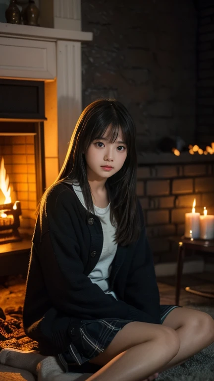 (((10 year old girl))), (((in dark cabin at night))), (((warming herself by fireplace))), Japanese, cute, dark, bobbed hair, (((staring blankly at fireplace))), (((not looking at viewer))), straight face, no smile, uneasy profile, trainers and very short mini-skirt, sitting in front of fireplace, fireplace fire illuminating girl's face, horror movie scene, high resolution, high detail, fine detail, masterpiece, top quality, award, best resolution, scene of a horror movie, high resolution, high detail, best resolution, scene of a horror movie girl is sitting in front of a fireplace, fireplace fire illuminates girl's face, horror movie scene, high resolution, high detail, detail, masterpiece, top quality, award, highest resolution, realistic, raw photo, 8K wallpaper