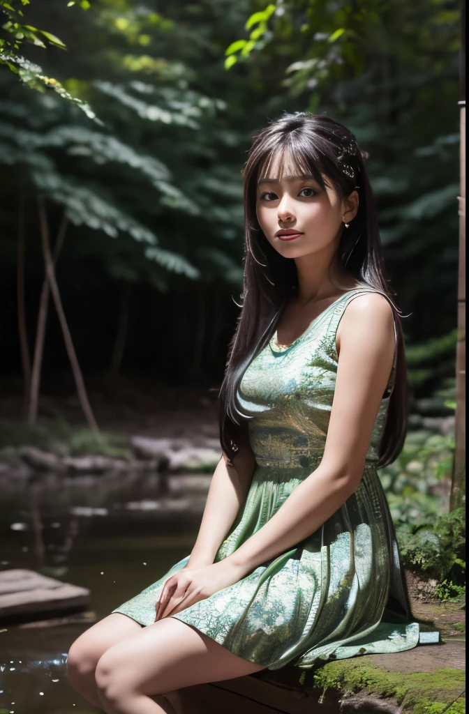 (masterpiece, Highest Resolution, Ultra high definition, Highest quality), One girl(Athena_Assamese), Cute Dresses, Long black hair, Sitting, Beautiful outdoor background, night, forest, Random Shot,8k Raw Photo:1.5,
