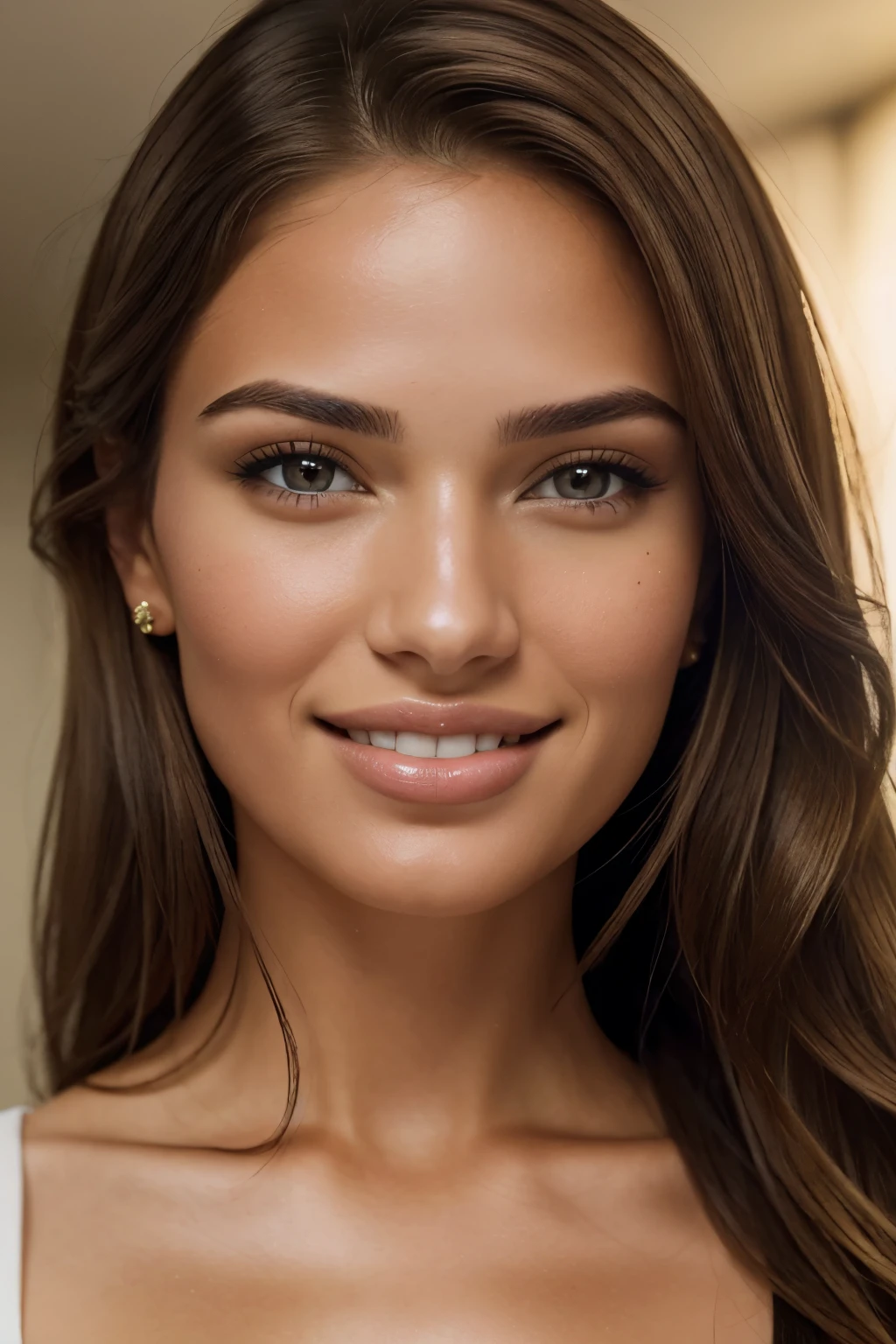 In this high resolution photo, a frontal portrait of a woman captures her stunning beauty and elegance in a professional close-up. The woman's perfect features, including her honey-colored eyes with intricate detail, shine under perfect lighting. Her straight, light brown hair is styled to perfection, adding to her polished appearance. The woman is smiling, her white teeth gleaming (1.3) in a detailed and radiant smile. The textured skin on her face is anatomically correct and highly detailed, showcasing her perfection. This masterpiece, captured in UHD, is of the best quality and resolution, approaching 8K. The style is raw and the aspect ratio is 3:4,