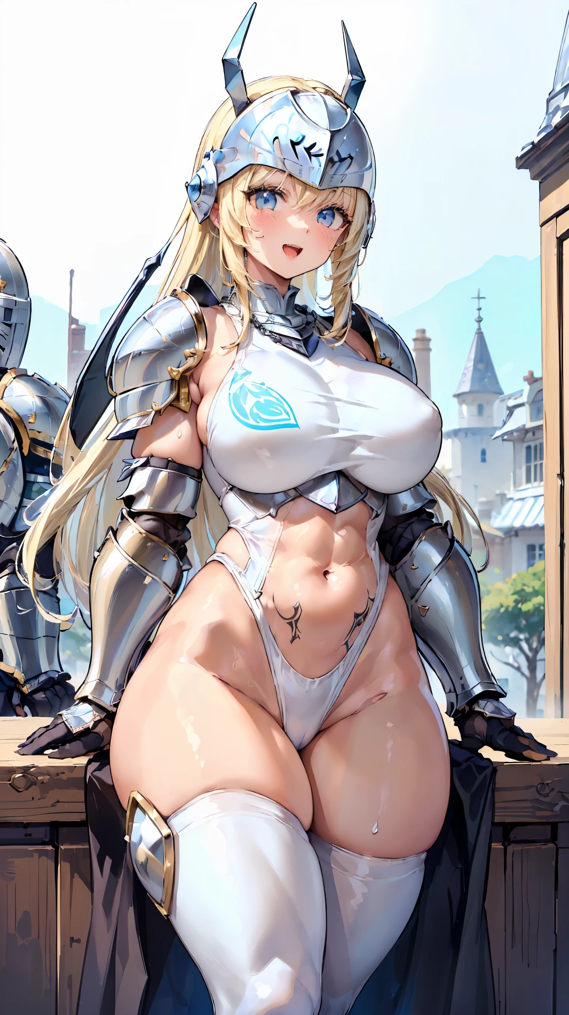 Very detailed、Highest quality、Best image quality、masterpiece、8k、(shoulder-length blonde hair:1.5、Medium Long Hair)、(smile、Open Mouth) 、(Hilarious)、(Big eyes)、(Beautiful and shining eyes)、(Detailed anime eyes)、(Puffy eyes)、(Big Breasts:1.8、necklace)、((SFW Huge Body:1.3))、(knight armor、Wearing white bikini armor:1.5、White high leg leotard、Arm Armor、Leg armor:1.5、Put on a helmet:1.5)