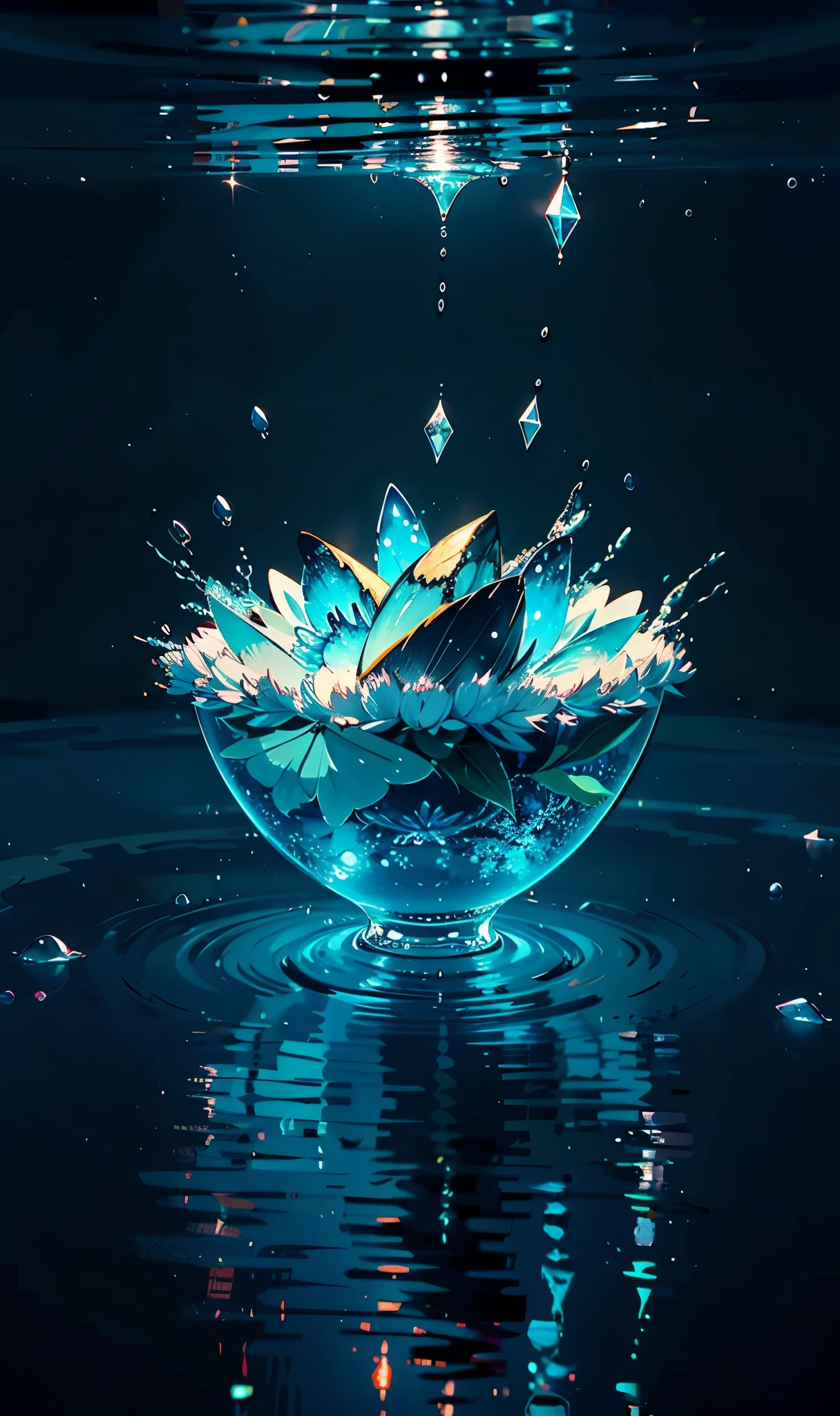 Fantasy, Floating flowers and the sea, Colorful flowers. Floating Crystal, squirt, 8K detailed, Super detailed, Cinema Lighting, Surrealism, Soft Light, Deep focus bokeh, Ray Tracing, Spread (Ultrafine glass reflection), Hyperrealism. Overflowing pure water