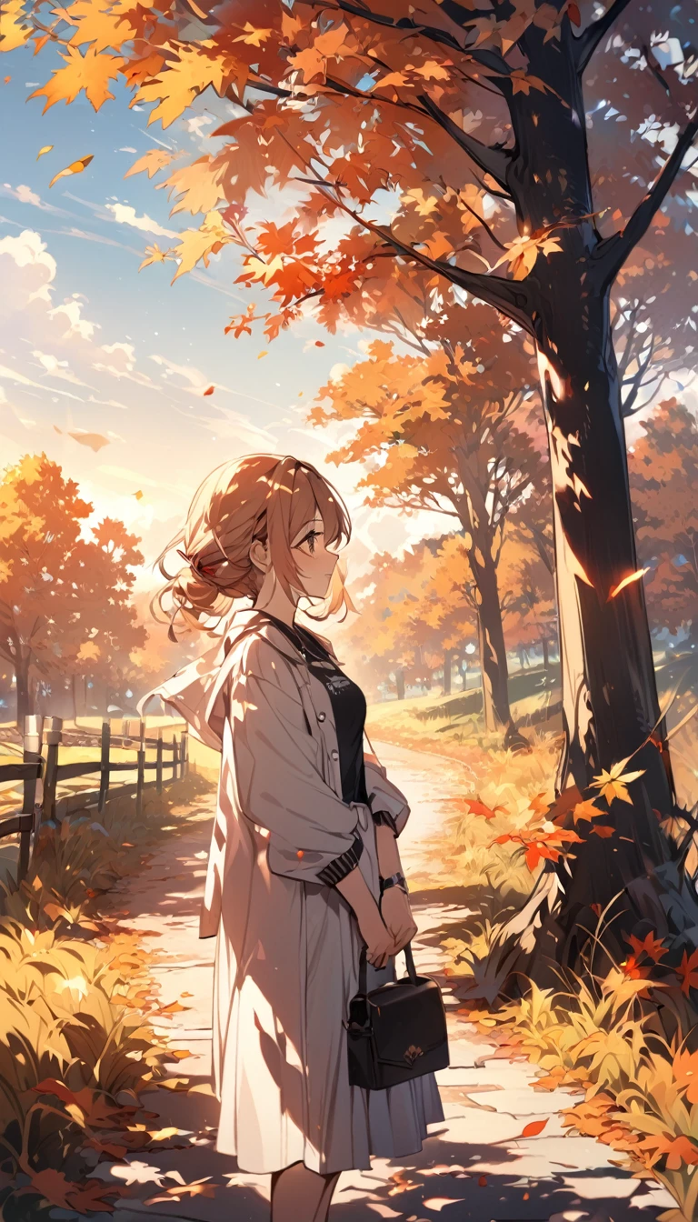 Autumn landscape, girl, morning sunshine
