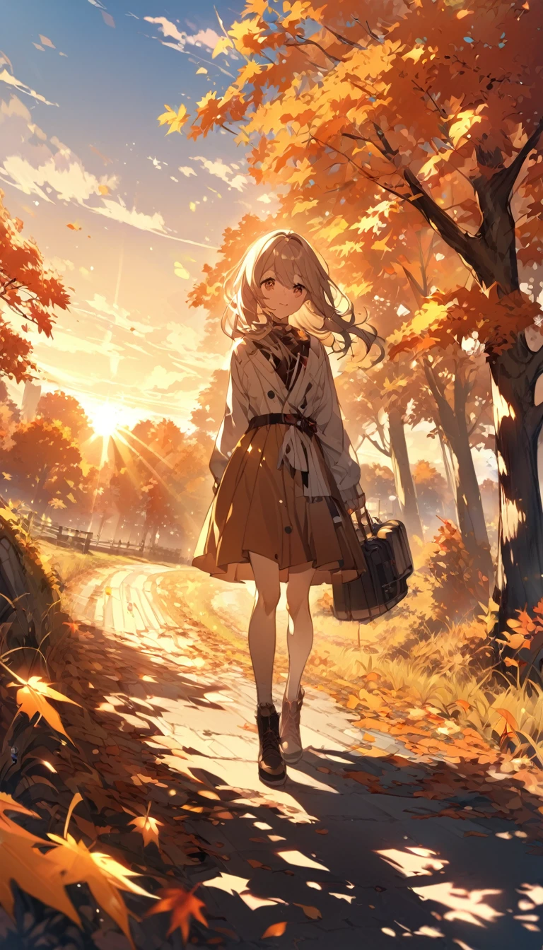 Autumn landscape, girl, morning sunshine