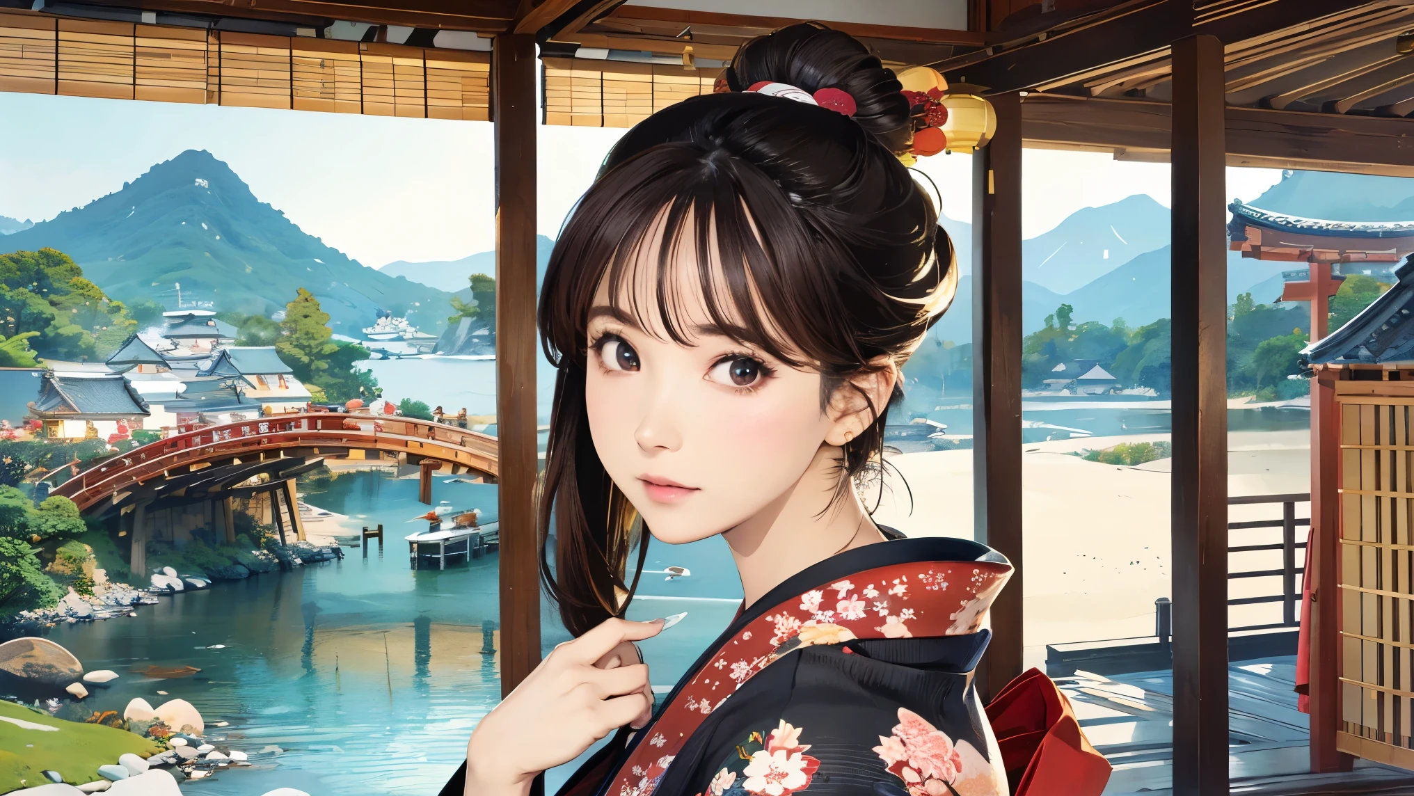 (Highest quality、 8k 、masterpiece、High resolution)、(whole body)、Vibrant colors、Brown-black bob、Traditional topknot、Ample breasts、(Highly detailed face and eyes,Beautiful Face,Beautiful Eyes,Beautiful nose,Pretty lips)、Official Art、Ukiyo-e style、 (Beautiful woman in kimono)、(Vivid floral patterned kimono)、background、river、bridge、Mountain、wood、Starry Sky、moon、Detailed CG、